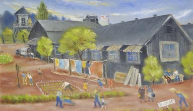 painting of barracks with laundry hanging anf men sitting next on bench